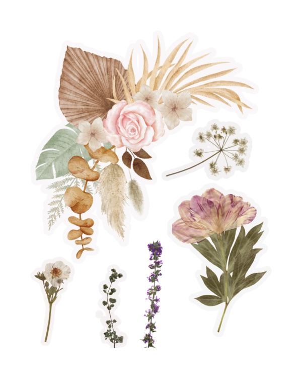 Large flower sticker sheets, Boho Floral Stickers. clover stickers, flower bouquet stickers, plant tickers, and Rose flowers.