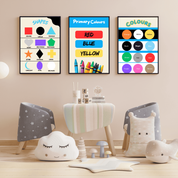 Set of 3 kids educational poster colour and shapes, wall art fir kids, school