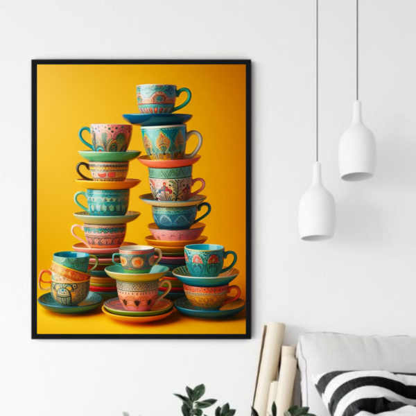 vintage colourful coffee mugs wall art